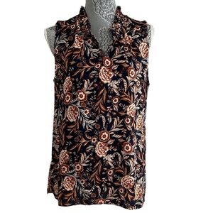 Rose + Olive Size Large navy blue, orange and off white floral sleeveless blouse